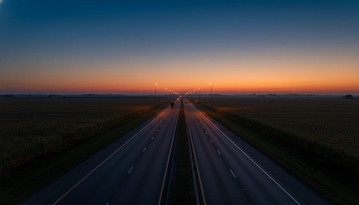 An empty interstate at twilight stretching through Midwestern corn fields with a distant semi truck heading away from the camera.