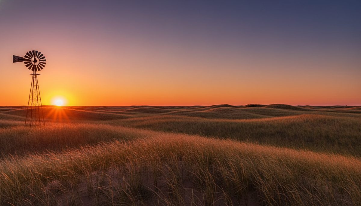Nebraska Sandhills at sunset with rolling grass-covered dunes and a weathered ranch windmill silhouette.