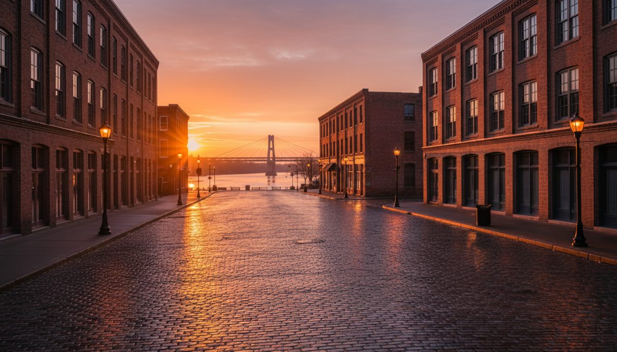 The Omaha Old Market historic warehouse district at sunset with brick facades, cobblestone streets, and a pedestrian bridge silhouette over the Missouri River.